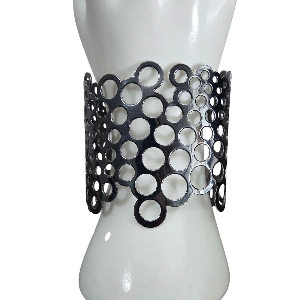Paco Rabanne Anthracite Steel Wide Cuff Bracelet Bubble Geometric Pattern Logo